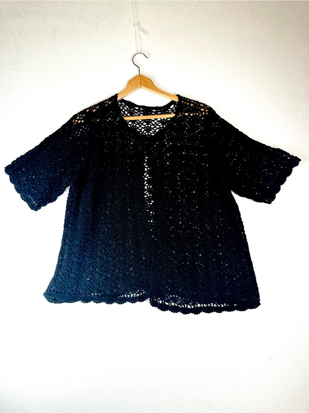 Crochet Open Weave‎ Cardigan Sweater Short Sleeve Black Boho Lace Granny Goth